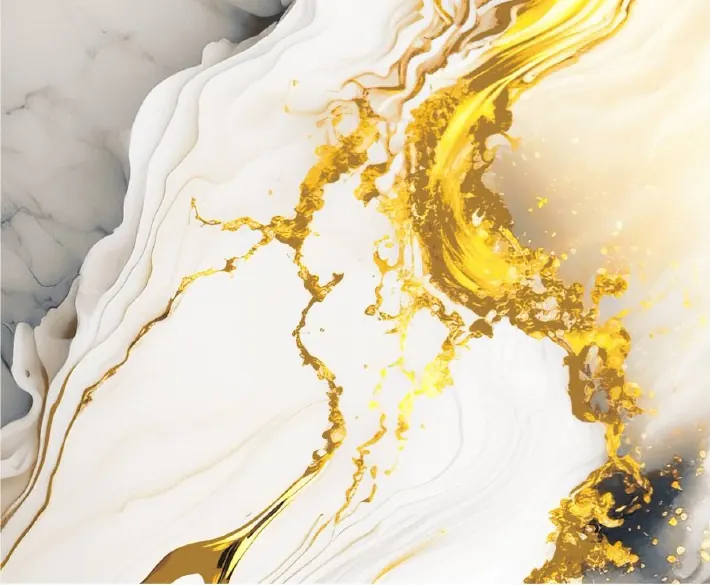 Close-up of a white and gold glossy marble-look tile